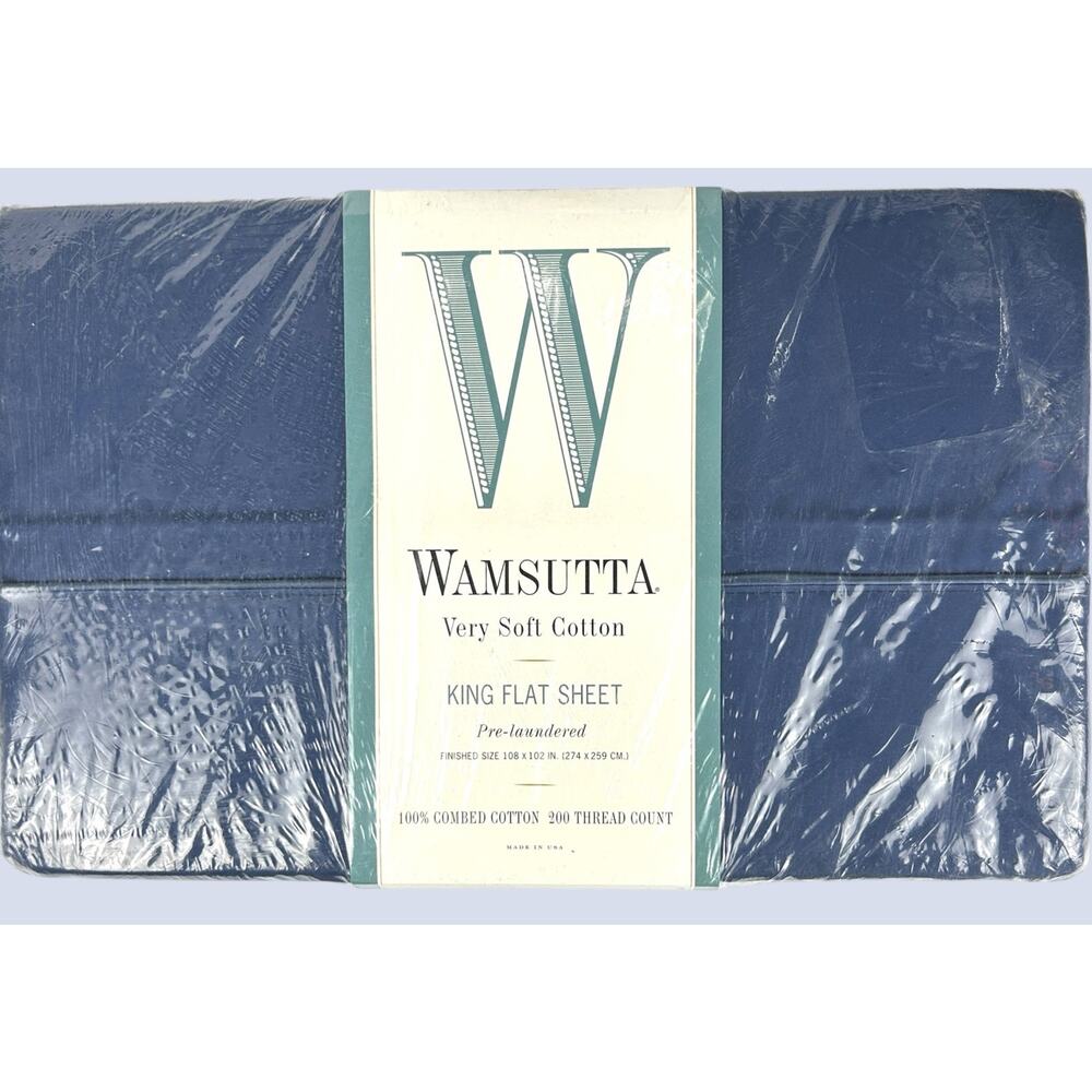 Vintage Wamsutta King Flat Sheet Navy Blue Combed Cotton Pre Laundered MCM